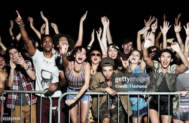 group of people having fun at music concert - audience stockfoto's en -beelden