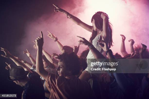 group of people having fun at music concert - concert imagens e fotografias de stock