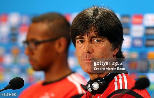Joachim Loew, head coach of Germany talks to the media during the German national team press conference at Estadio Mineirao on July 7, 2014 in Belo...