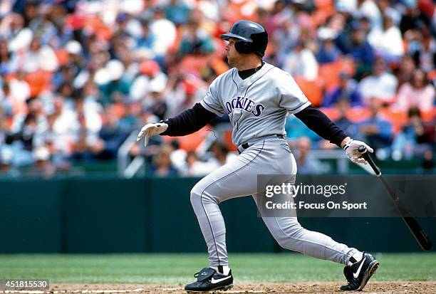 Dante Bichette of the Colorado Rockies bats against the San Francisco Giants during an Major League Baseball game circa 1995 at Candlestick Park in...