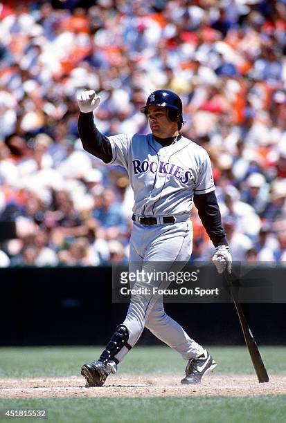 Dante Bichette of the Colorado Rockies bats against the San Francisco Giants during an Major League Baseball game circa 1995 at Candlestick Park in...