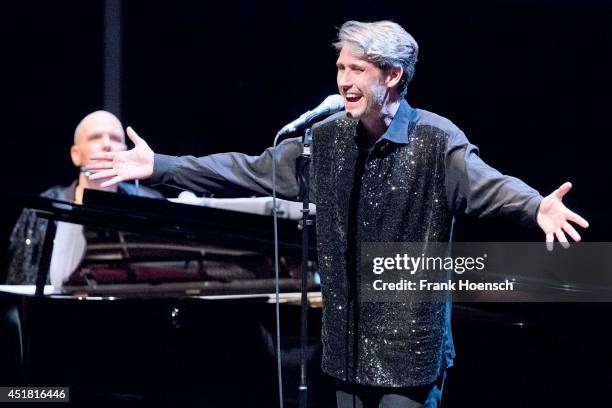 Thies Mynther and Dirk von Lowtzow of the band Phantom Ghost performs live during a concert at the Haus der Berliner Festspiele on July 7, 2014 in...