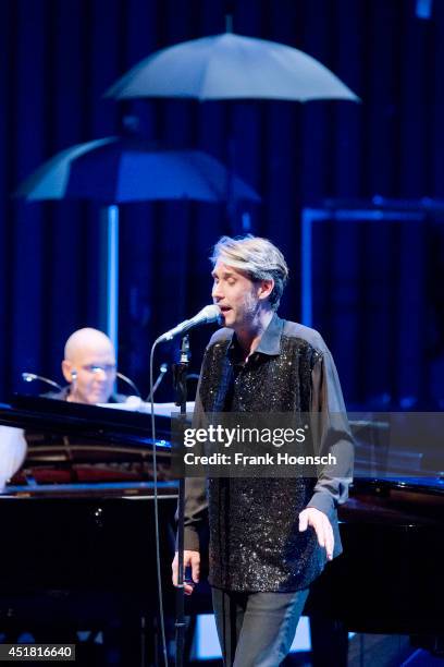 Thies Mynther and Dirk von Lowtzow of the band Phantom Ghost performs live during a concert at the Haus der Berliner Festspiele on July 7, 2014 in...