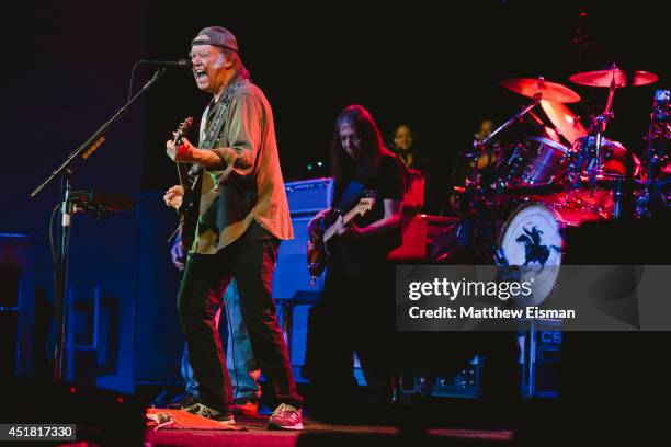 Neil Young & Crazy Horse performs live on stage for ATP Iceland Festival 2014 at Laugardalshollin on July 7, 2014 in Reykjavik, Iceland.