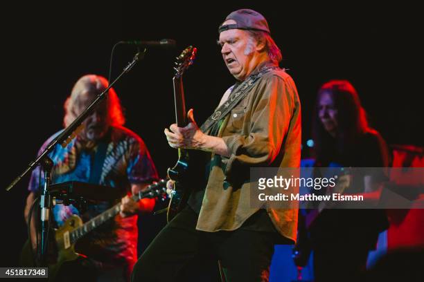 Neil Young & Crazy Horse performs live on stage for ATP Iceland Festival 2014 at Laugardalshollin on July 7, 2014 in Reykjavik, Iceland.