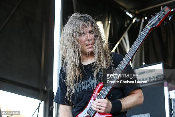 Bassist Alex Webster of Cannibal Corpse performs at the Rockstar Energy Mayhem Festival on July 5, 2014 in San Bernardino, California.