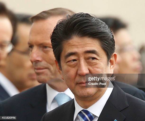 Japanese Prime Minister Shinzo Abe participates in a Ceremonial Welcome with Australian Prime Minister Tony Abbott at Parliament House on July 8,...