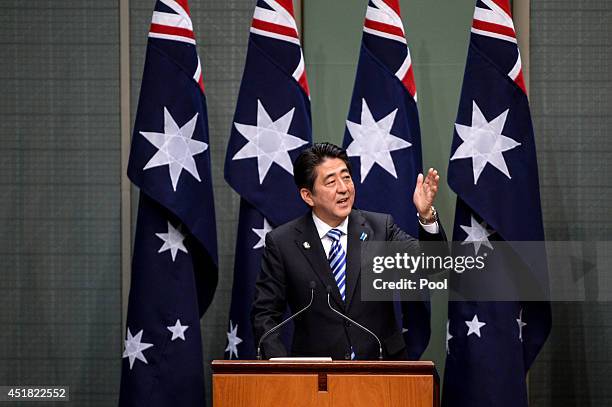 Japanese Prime Minister Shinzo Abe delivers an address to Members and Senators of the Parliament of Australia at Parliament House on July 8, 2014 in...