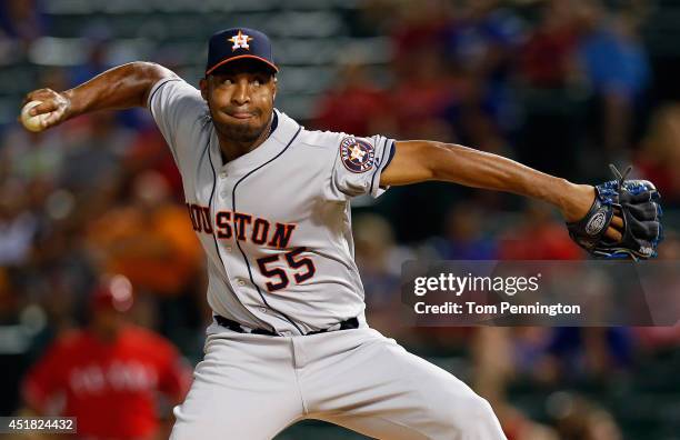 Jose Veras of the Houston Astros pitches against the Texas Rangers in the bottom of the ninth inning at Globe Life Park in Arlington on July 7, 2014...