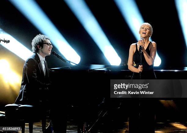 Musician Ian Axel of A Great Big World and singer Christina Aguilera perform onstage during the 2013 American Music Awards at Nokia Theatre L.A. Live...
