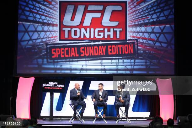 Television personality Jay Glazer, Brian Stahn and Daniel Cormier speak on the main stage during the UFC Fan Expo 2014 during UFC International Fight...