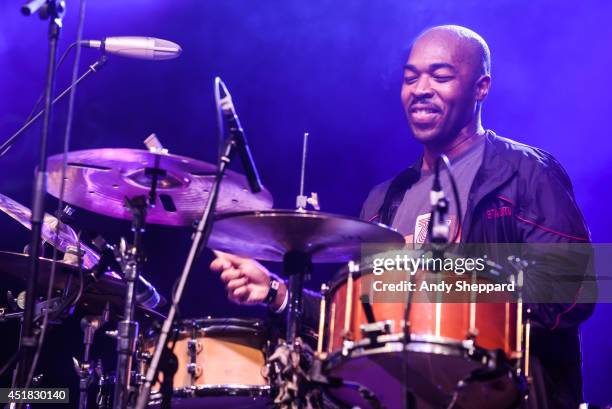 Drummer Eric Harland performs on stage with Dave Holland's Prism at Love Supreme Jazz Festival at Glynde Place on July 5, 2014 in Lewes, United...