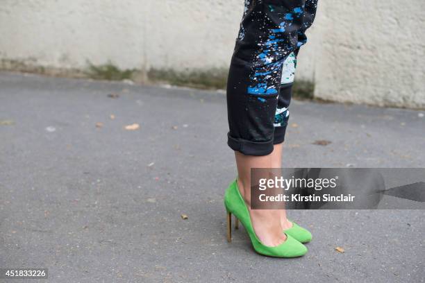 N Blogger Elvira Alasova wears Tibi trousers, Violoviuca shoes day 1 of Paris Haute Couture Fashion Week Autumn/Winter 2014, on July 6, 2014 in...