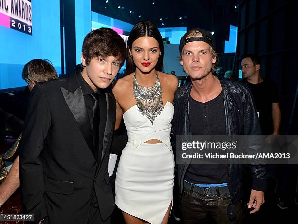 Singer Austin Mahone, TV personality Kendall Jenner and DJ Avicii attend the 2013 American Music Awards at Nokia Theatre L.A. Live on November 24,...