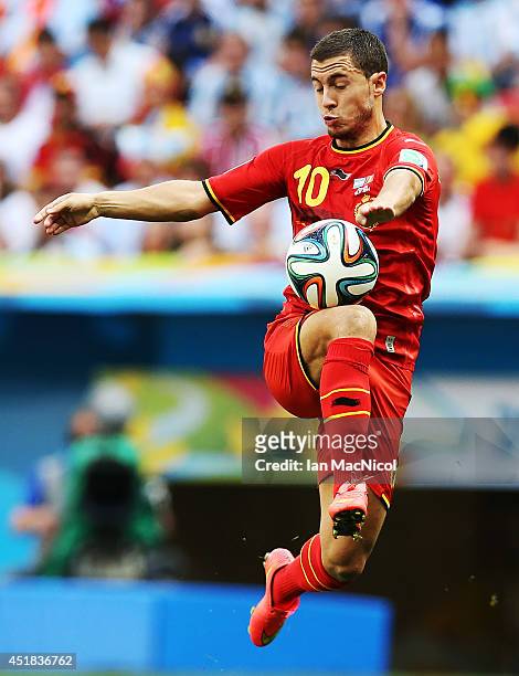 Eden Hazard of Belgium controls the ball during the 2014 FIFA World Cup Brazil Quarter Final match between Argentina and Belgium at The Estadio...