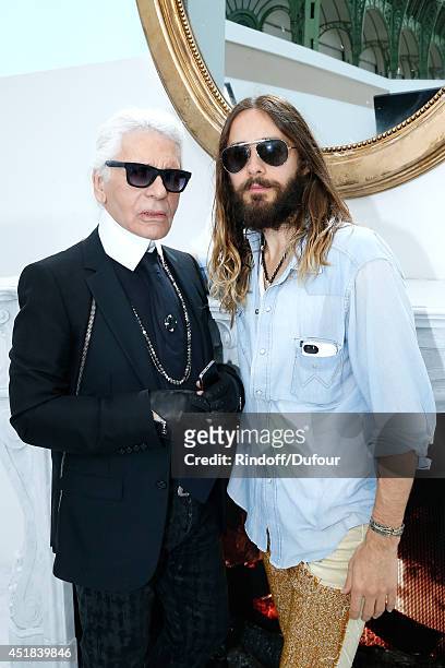 Fashion designer Karl Lagerfeld and Actor Jared Leto pose backstage after the Chanel show as part of Paris Fashion Week - Haute Couture Fall/Winter...