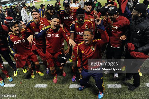 Real Salt Lake celebrates winning the Western Conference Championship after the game against the Portland Timbers at Jeld-Wen Field on November 24,...