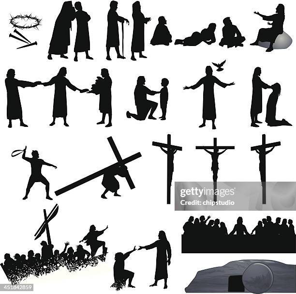 ilustraciones, imágenes clip art, dibujos animados e iconos de stock de jesus - cross of jesus silhouette
