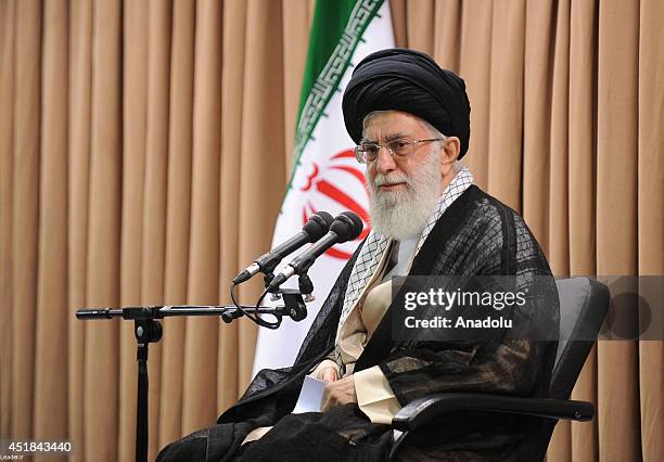 Supreme Leader of Iran Ayatollah Ali Khamenei gives a speech on the meeting in Tehran, Iran on 8 July, 2014.