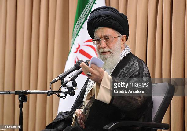 Supreme Leader of Iran Ayatollah Ali Khamenei, gives a speech on the meeting in Tehran, Iran on 8 July, 2014.