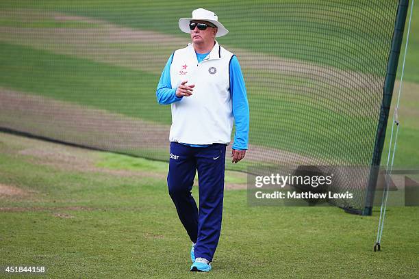 Duncan Fletcher, coach of India looks on during a India nets session ahead of the first Investec Test Series at Trent Bridge on July 8, 2014 in...