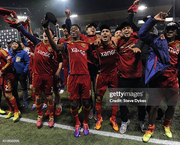 Real Salt Lake celebrates winning the Western Conference Championship after the game against the Portland Timbers at Jeld-Wen Field on November 24,...