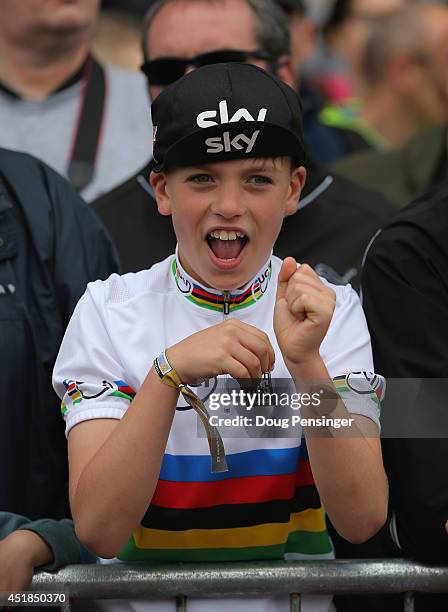 Young fan supports the riders at the start of stage two of the 2014 Le Tour de France from York to Sheffield on July 6, 2014 in York, United Kingdom.