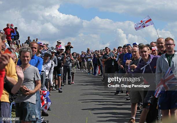 Fans support the race in Yorkshire during stage two of the 2014 Le Tour de France from York to Sheffield on July 6, 2014 in Sheffield, United Kingdom.