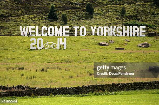 Sign in the field welcomes the riders to Yorkshire during stage two of the 2014 Le Tour de France from York to Sheffield on July 6, 2014 in...