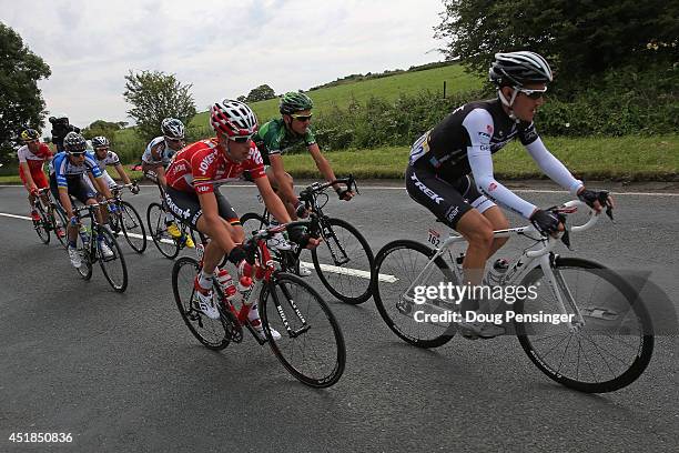 The riders in the breakaway work together at the front of the race during stage two of the 2014 Le Tour de France from York to Sheffield on July 6,...