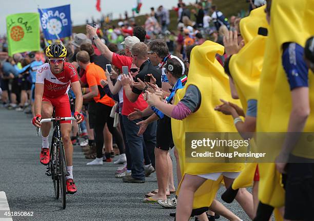 Cyril Lemoine of France and Cofidis, Solutions Credits is supported by the fans after claiming the points on the Cote de Blubberhouses during stage...