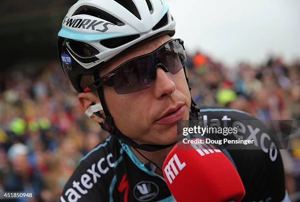 Tony Martin of Germany and the Omega Pharma - Quick-Step Cycling Team is interviewed by television prior to the start of stage two of the 2014 Le...