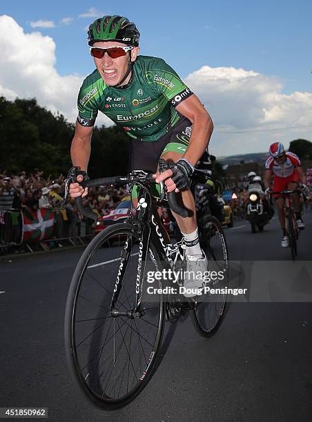 Cyril Gautier of France and Team Europcar makes the climb of Jenkins Road during stage two of the 2014 Le Tour de France from York to Sheffield on...