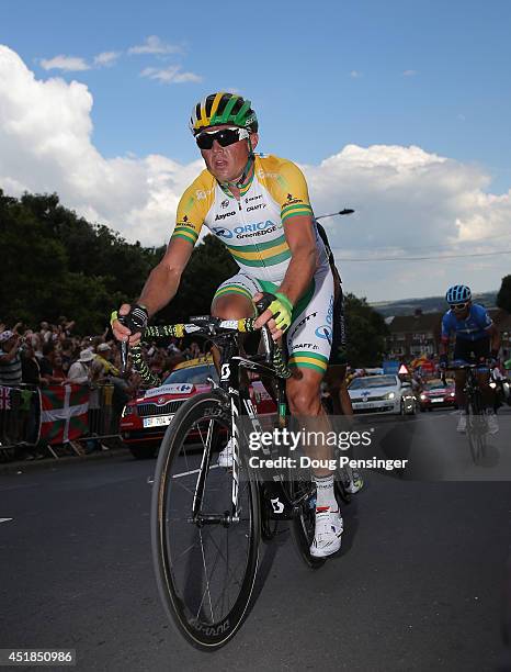 Simon Gerrans of Australia and Orica-GreenEDGE makes the climb of Jenkins Road durign stage two of the 2014 Le Tour de France from York to Sheffield...
