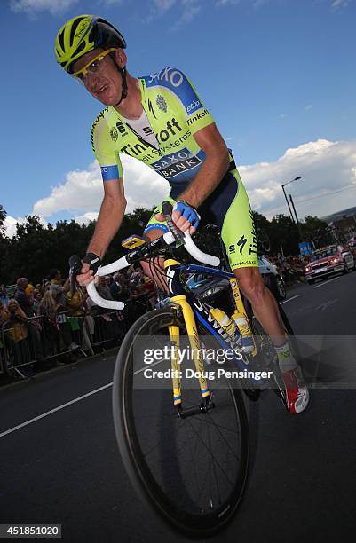 Michael Rogers of Australia and Tinkoff-Saxo makes the climb of Jenkins Road during stage two of the 2014 Le Tour de France from York to Sheffield on...