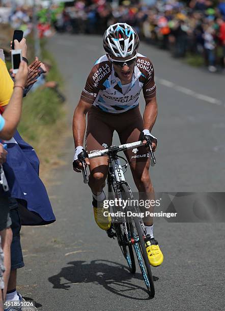 Blel Kadri of France and AG2R La Mondiale launches a solo attack from the breakaway on the Cote de Holme Moss as he was named the most aggressive...