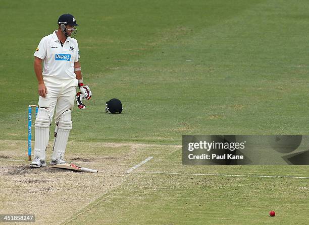 John Hastings of the Bushrangers stands at the crease after being dismissed during day four of the Sheffield Shield match between the Western...