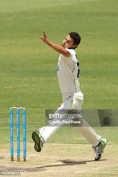 Nathan Coulter-Nile of the Warriors bowls during day four of the Sheffield Shield match between the Western Australia Warriors and the Victoria...