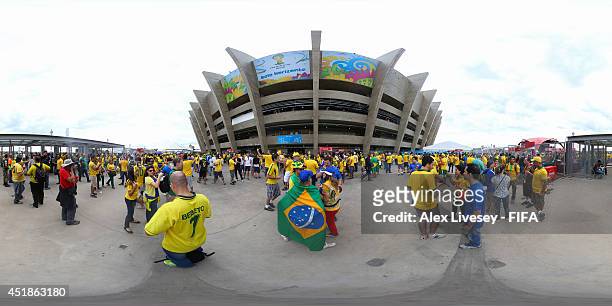 General view of fans outside the stadium before the 2014 FIFA World Cup Brazil semi-final match between Brazil v Germany at Estadio Mineirao on July...
