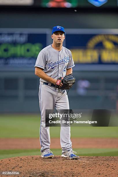 Danny Duffy of the Kansas City Royals pitches against the Minnesota Twins on June 30, 2014 at Target Field in Minneapolis, Minnesota. The Royals...
