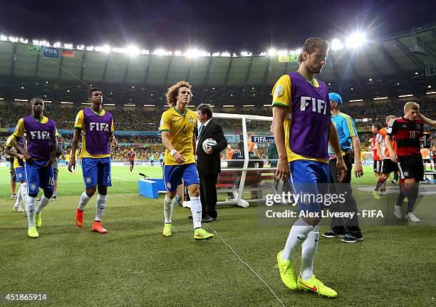 David Luiz of Brazil walks off the pitch after the first half during the 2014 FIFA World Cup Brazil Semi Final match between Brazil and Germany at...