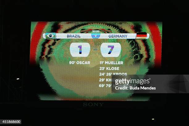 View of the scoreboard showing Germany's victory with a final score of 7-1 during the 2014 FIFA World Cup Brazil Semi Final match between Brazil and...
