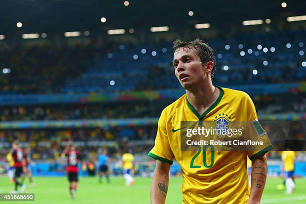 Bernard of Brazil looks on during the 2014 FIFA World Cup Brazil Semi Final match between Brazil and Germany at Estadio Mineirao on July 8, 2014 in...