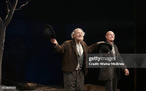 Ian McKellen and Patrick Stewart during the Opening Night Curtain Call for "Waiting For Godot" at the Cort Theatre on November 24, 2013 in New York...