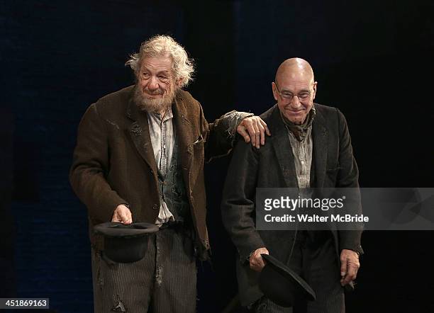 Ian McKellen and Patrick Stewart during the Opening Night Curtain Call for "Waiting For Godot" at the Cort Theatre on November 24, 2013 in New York...
