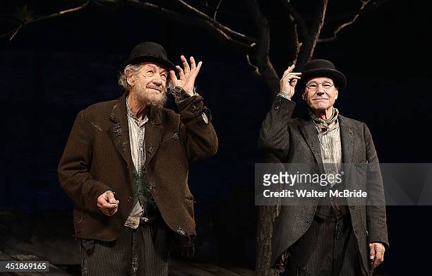 Ian McKellen and Patrick Stewart during the Opening Night Curtain Call for "Waiting For Godot" at the Cort Theatre on November 24, 2013 in New York...