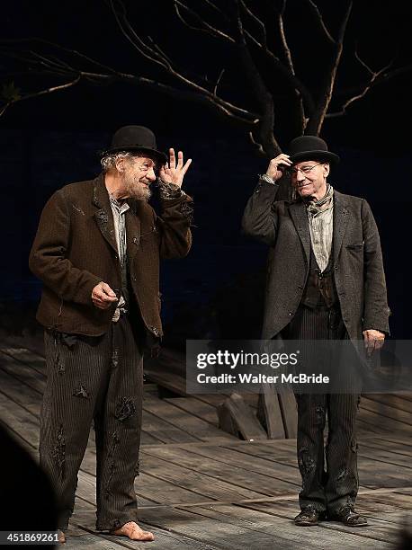 Ian McKellen and Patrick Stewart during the Opening Night Curtain Call for "Waiting For Godot" at the Cort Theatre on November 24, 2013 in New York...