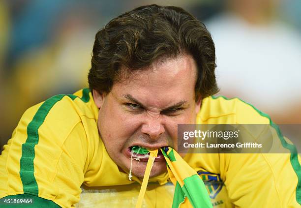 An emotional Brazil fan reacts after being defeated by Germany 7-1 during the 2014 FIFA World Cup Brazil Semi Final match between Brazil and Germany...