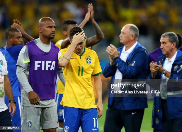 Oscar of Brazil shows his dejection after the 1-7 defeat in the 2014 FIFA World Cup Brazil Semi Final match between Brazil and Germany at Estadio...