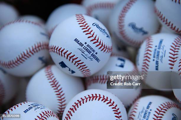 Baseballs sit in a basket before the start of the Baltimore Orioles and Washington Nationals game at Nationals Park on July 8, 2014 in Washington, DC.